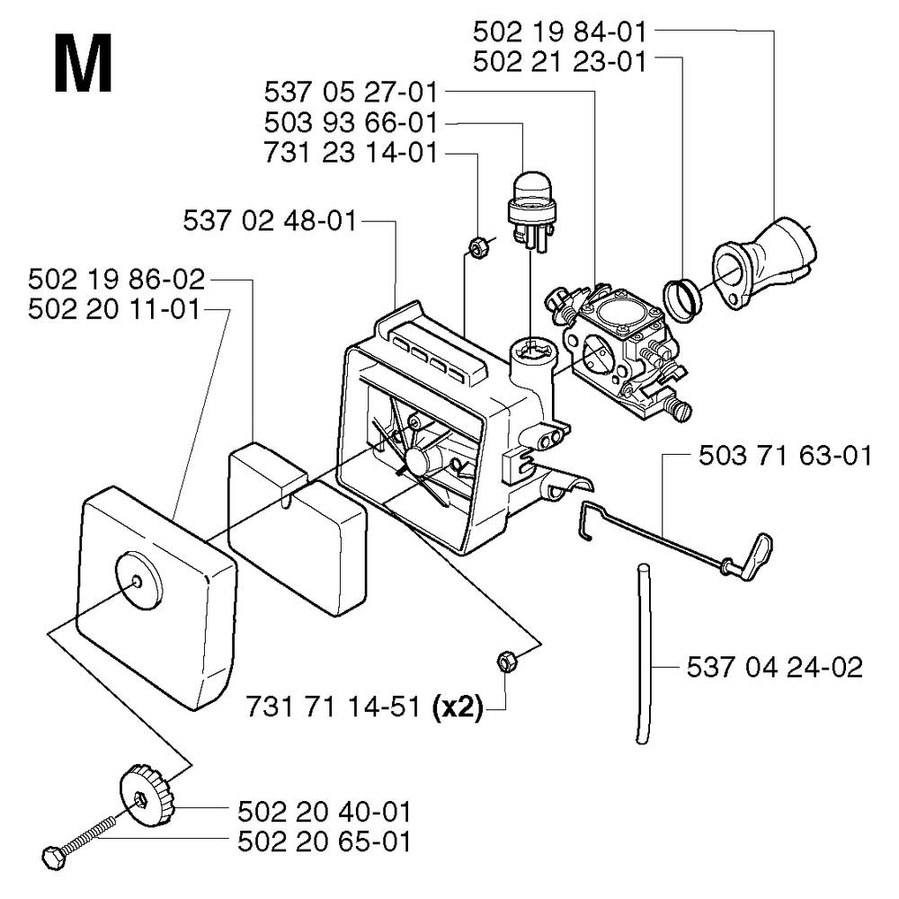 Carburetor And Air Filter Diagram and Parts List for 240RJ 20023500001 & Above Husqvarna Trimmer