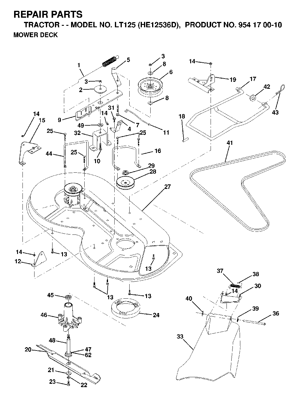 Mower Deck / Cutting Deck Diagram and Parts List for LT125 (HE12536D, 954170010)(1998-12) Husqvarna Lawn Tractor