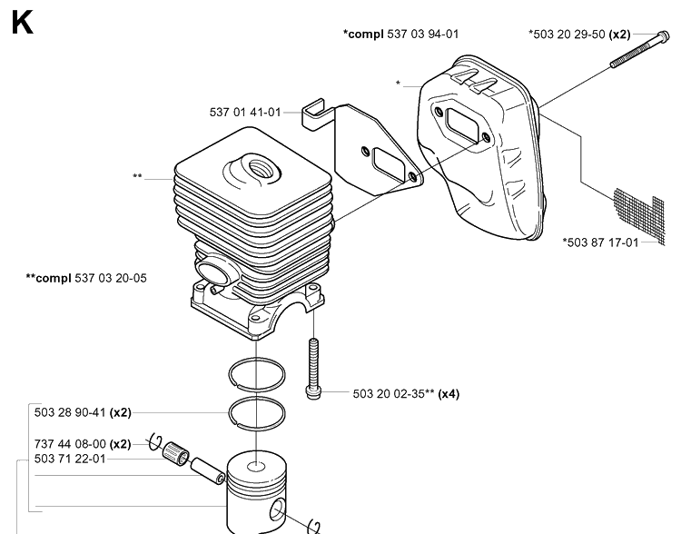 Cylinder, Piston And Muffler Diagram and Parts List for 325HE3 (X-SERIES)(20011800001-20040100000) Husqvarna Hedge Trimmer