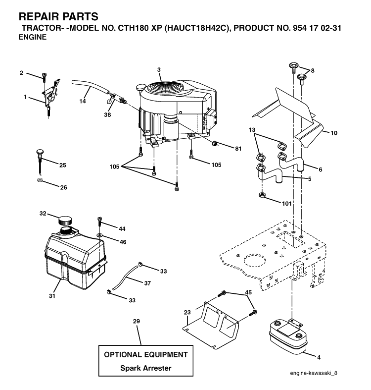 Engine Diagram and Parts List for CTH180XP (HAUCT18H42C)(2004-09) Husqvarna Lawn Tractor