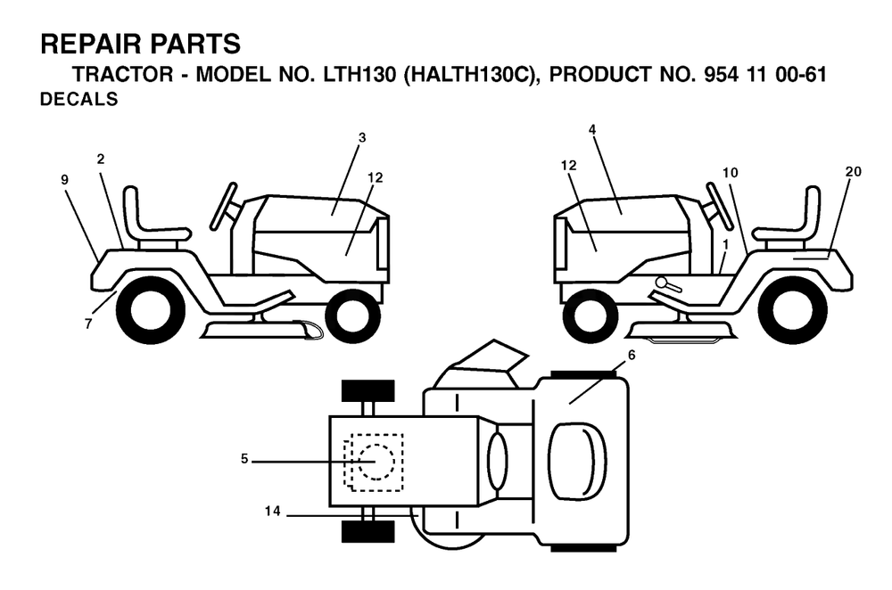 Decals Diagram and Parts List for LTH130 (954110061-C)(2003-01) Husqvarna Lawn Tractor