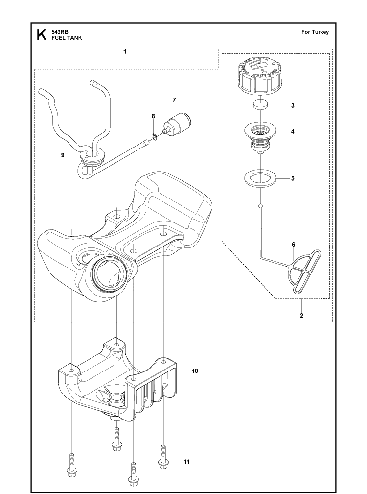 Fuel Tank 2 Diagram and Parts List for 543RB  Husqvarna Brush Cutter
