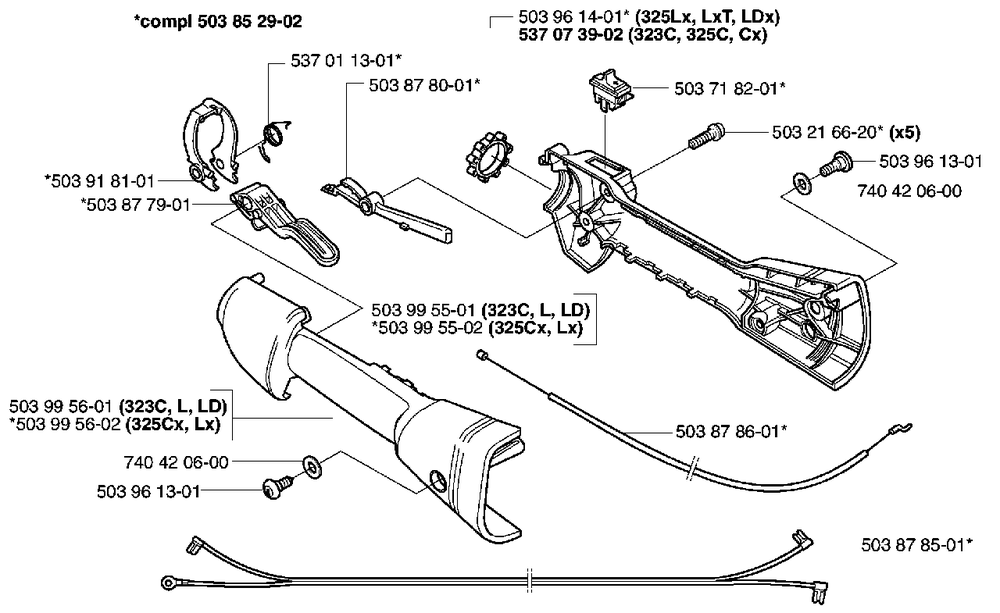 Throttle (322 L, 323c, 323 L/Ld, 325 C/Cx, 325 L/Lx/Lxt/Ldx, 325 Rjx) Diagram and Parts List for 325CX 2002-01 Husqvarna Trimmer