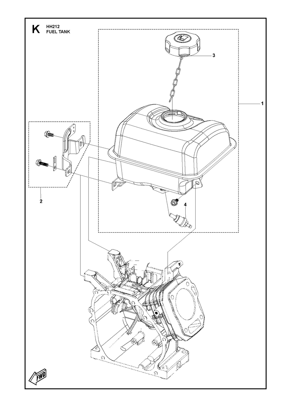 Fuel Tank Diagram and Parts List for HH212 596210001-596210002 Husqvarna Engine