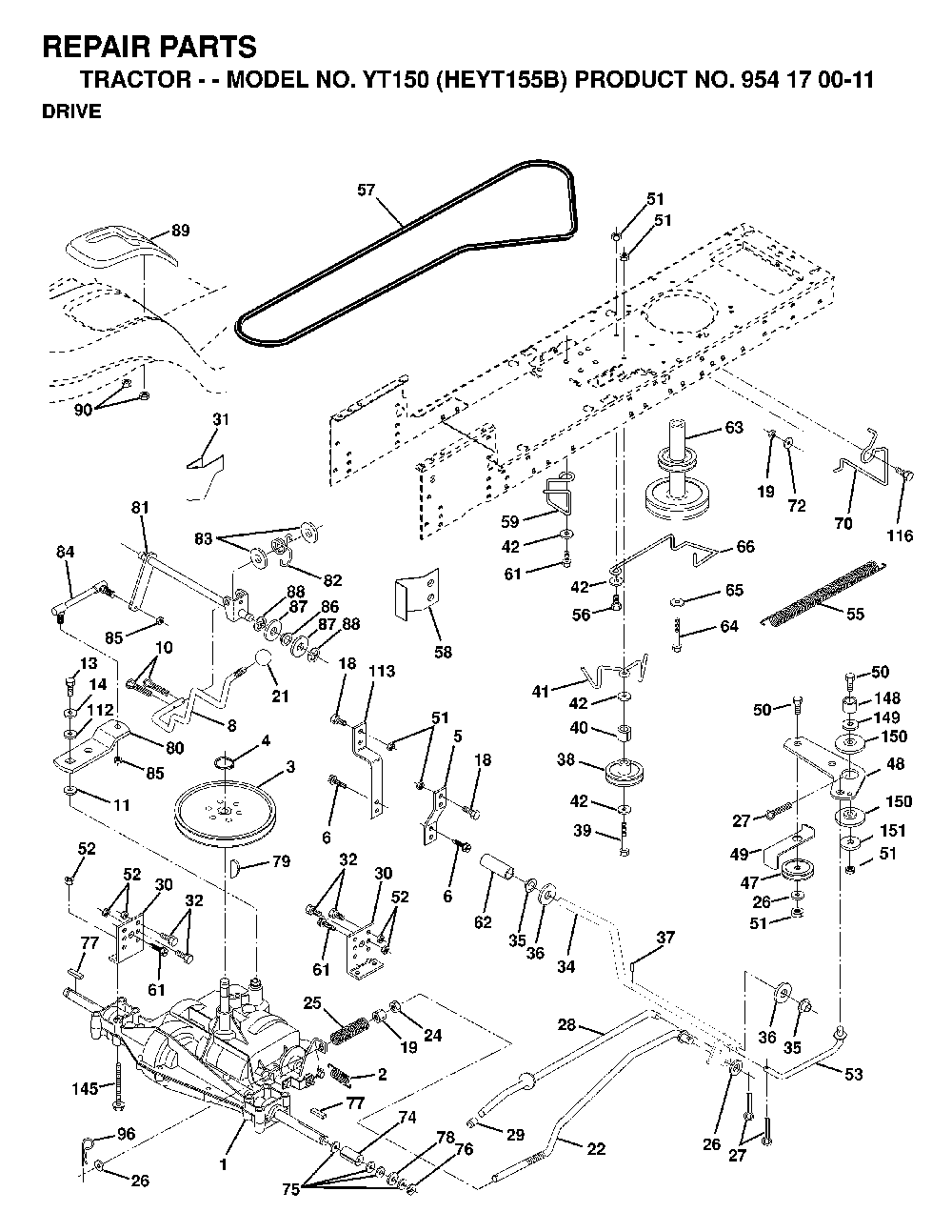 Drive Diagram and Parts List for YT150 (HEYT155B, 954170011)(1998-12) Husqvarna Lawn Tractor