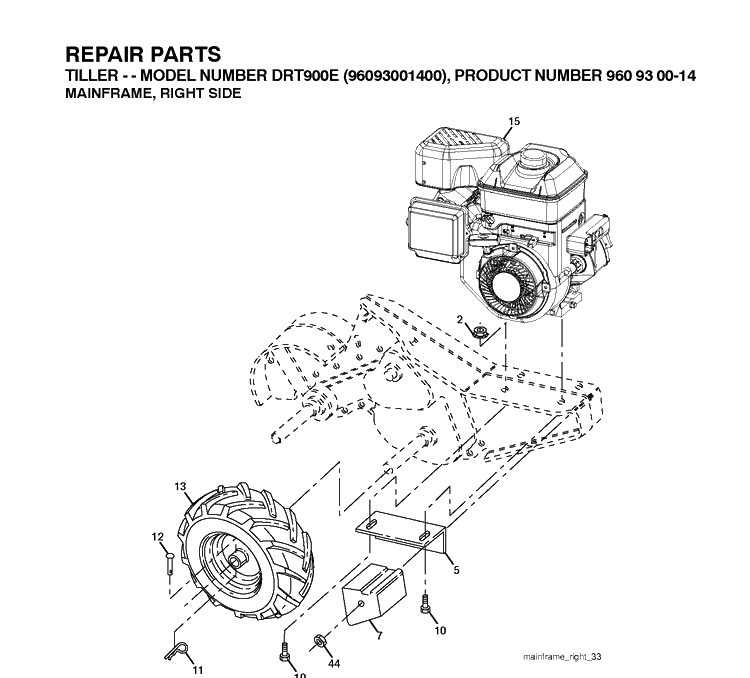 Mainframe, Right Side Diagram and Parts List for DRT900E (96093001401)(2010-10) Husqvarna Cultivator