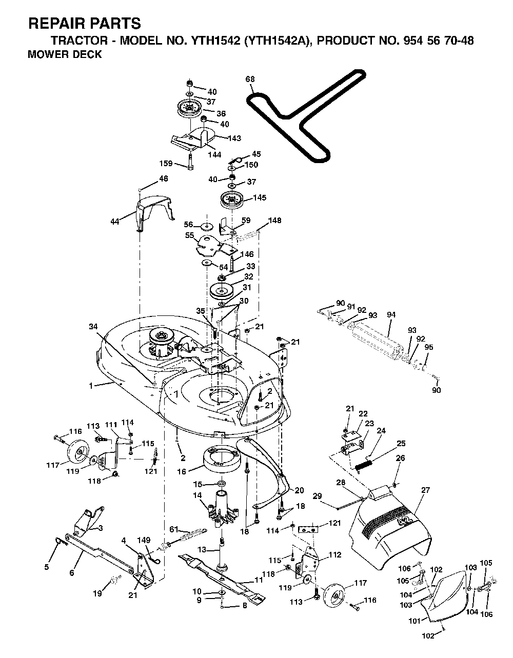 Mower Deck / Cutting Deck Diagram and Parts List for YTH1542A (954567048)(2000-11) Husqvarna Lawn Tractor