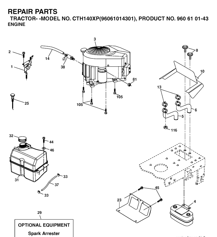 Engine Diagram and Parts List for CTH140XP (96061014301)(2006-06) Husqvarna Lawn Tractor