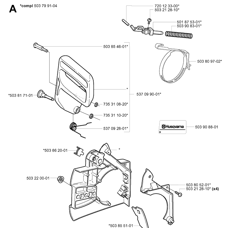 Chain Brake Diagram and Parts List for 339XP 20034000001-20040100000 Husqvarna Chainsaw