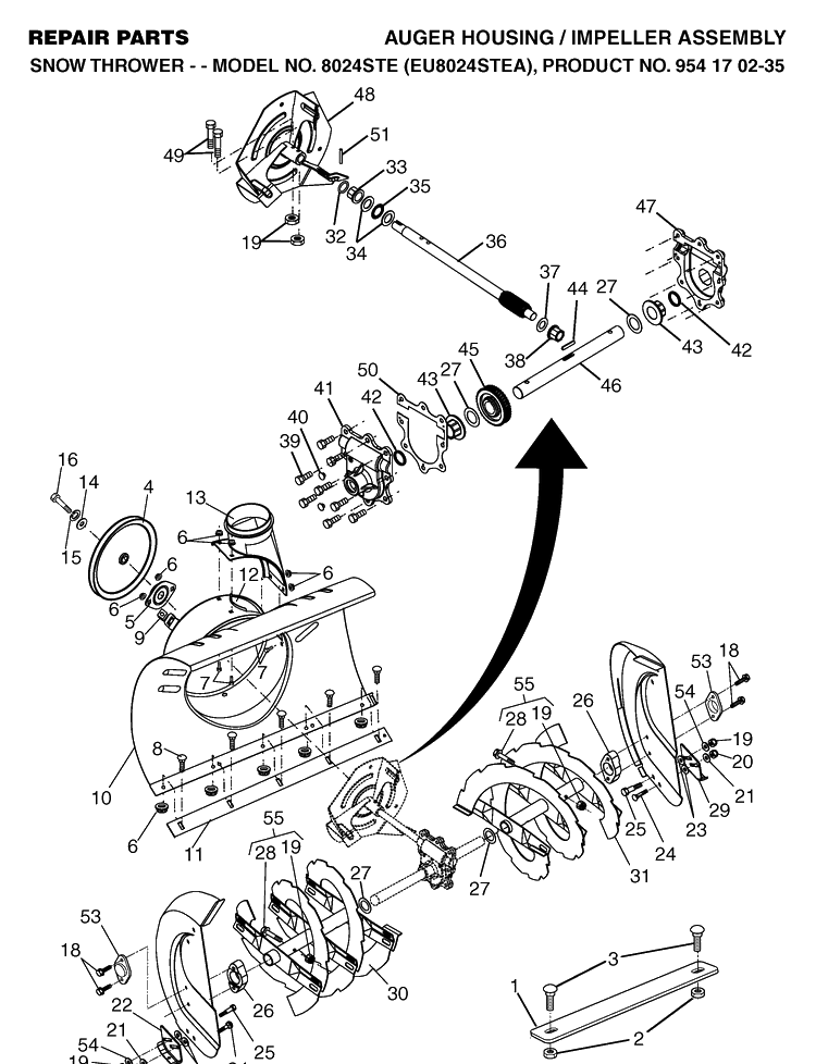 Auger Housing And Impeller Diagram and Parts List for 8024STE (EU8024STEA)(2004-09) Husqvarna Snow Blower