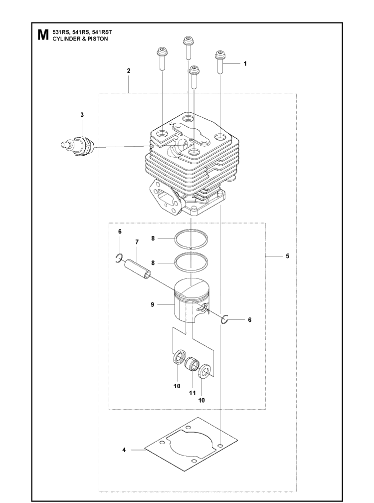 Cylinder Piston Diagram and Parts List for 541RST  Husqvarna Brush Cutter