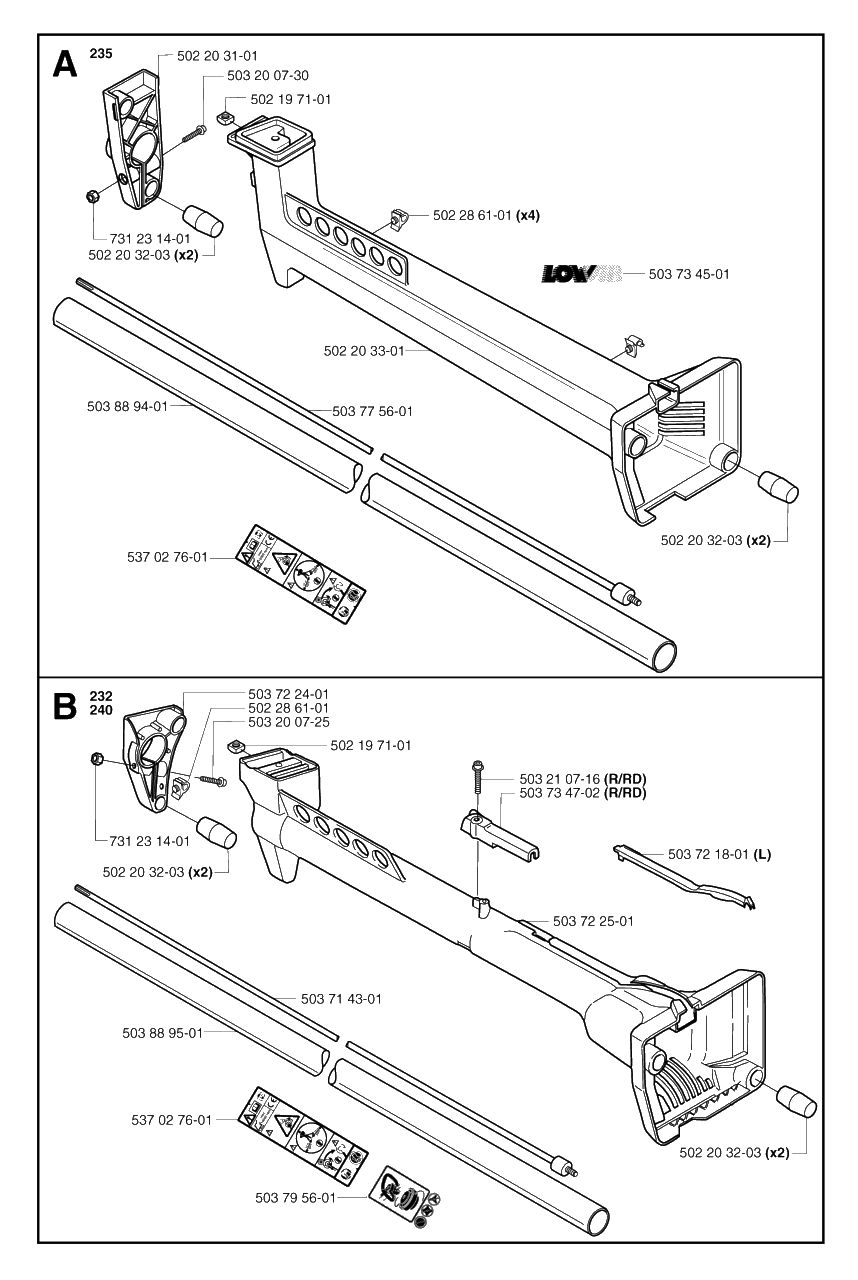 Shaft And Handle Diagram and Parts List for 240RJ 20023500001 & Above Husqvarna Trimmer