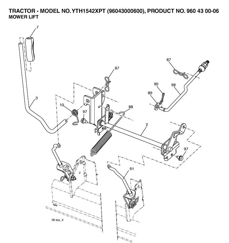 Mower Lift / Deck Lift Diagram and Parts List for YTH1542XP (96043000600)(2006-01) Husqvarna Lawn Tractor