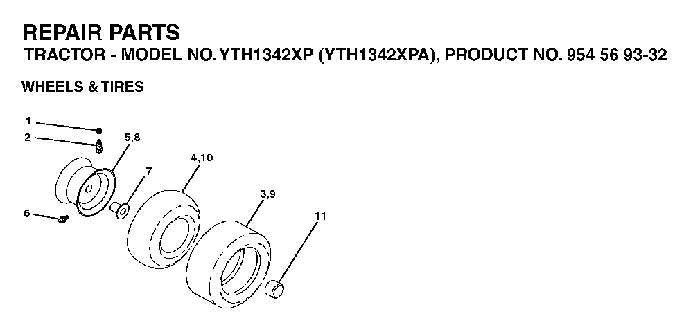 Wheels And Tires Diagram and Parts List for YTH1342XP (YTH1342 XPA, 954569332)(2003-03) Husqvarna Lawn Tractor