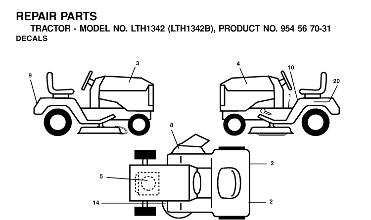 Decals Diagram and Parts List for LTH1342-LTH1342B 2000-12 Husqvarna Lawn Tractor