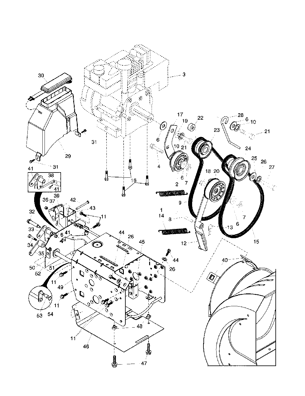 Chassis/engine/pulleys Diagram and Parts List for HL1027STEA  Husqvarna Snow Blower