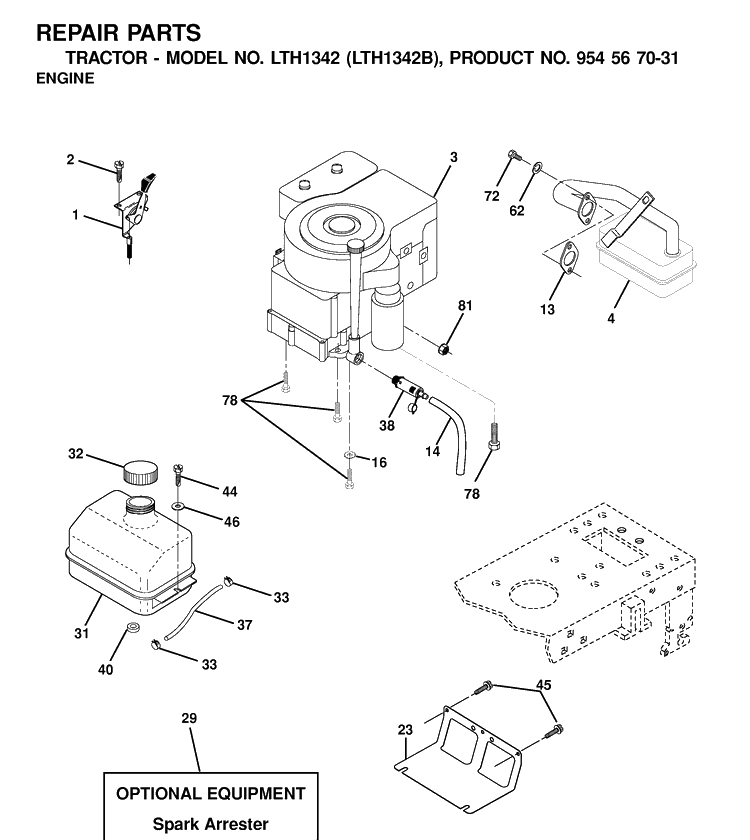 Engine Diagram and Parts List for LTH1342-LTH1342B 2000-12 Husqvarna Lawn Tractor