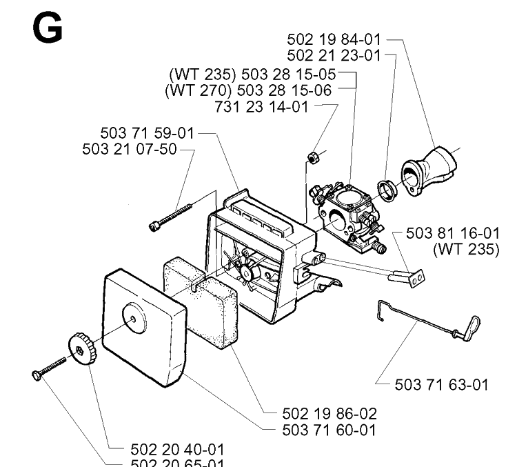 Carburetor And Air Filter Diagram and Parts List for 225L 19970500001-20004000000 Husqvarna Edger
