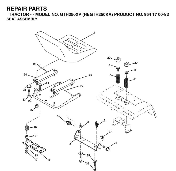 Seat Diagram and Parts List for GTH250XP (HEGTH250KA)(2003-01) Husqvarna Lawn Tractor