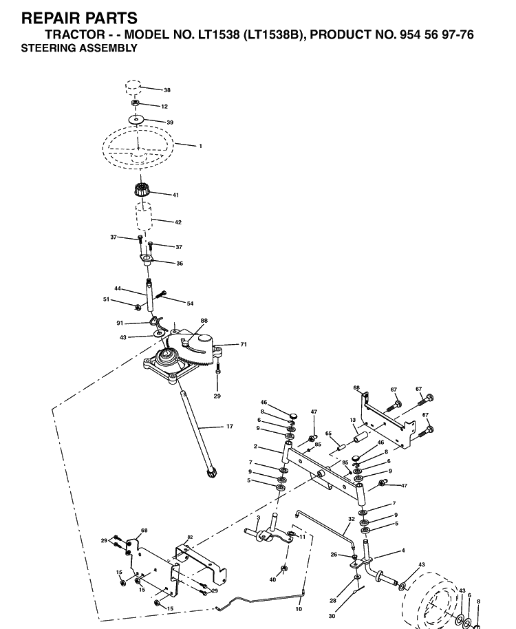 Steering Diagram and Parts List for LT1538-LT1538B 2002-11 Husqvarna Lawn Tractor