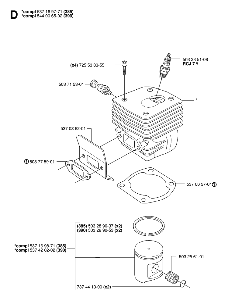 Cylinder Piston Diagram and Parts List for 385XP 20064000001-Current Husqvarna Chainsaw