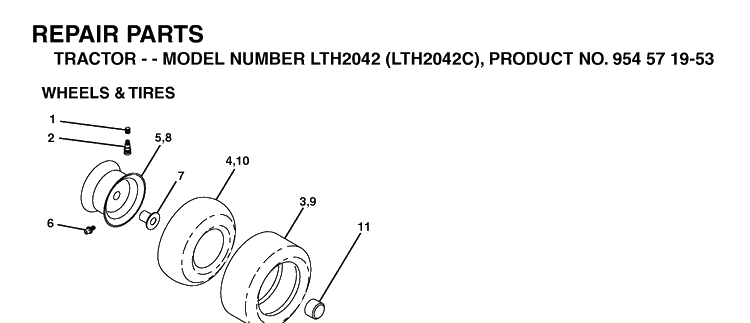 Wheels And Tires Diagram and Parts List for LTH2042-LTH2042C 2004-03 Husqvarna Lawn Tractor