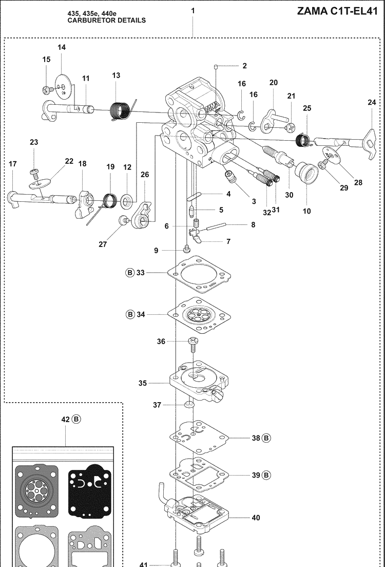Carb Details Diagram and Parts List for 440E 2009-02 Husqvarna Chainsaw