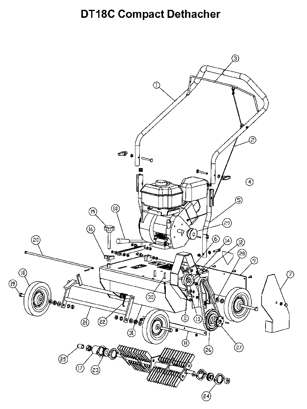 Chassis, Engine And Pulleys Diagram and Parts List for DT18C 2001-03 Husqvarna Dethatcher