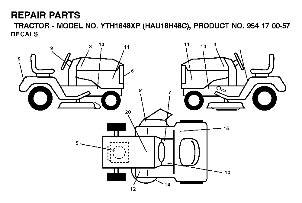 Decals Diagram and Parts List for YTH1848XP (HAU18H48C, 954170057)(2003-01) Husqvarna Lawn Tractor