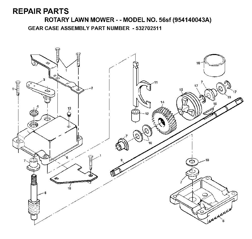Gear Case Diagram and Parts List for 56SF (954140043A, 532702511)(1998-02) Husqvarna Lawn Mower