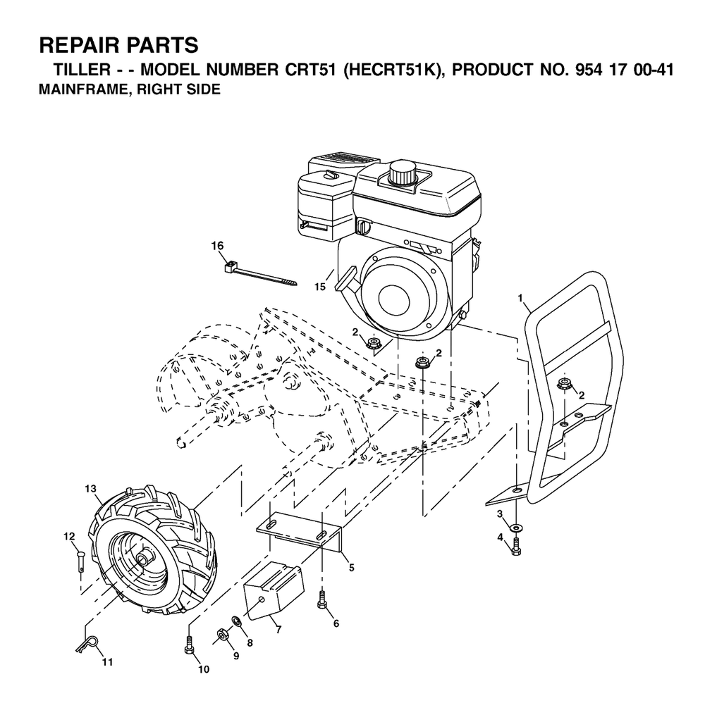 Mainframe, Right Side Diagram and Parts List for CRT51 (954170041-K)(2002-03) Husqvarna Tiller