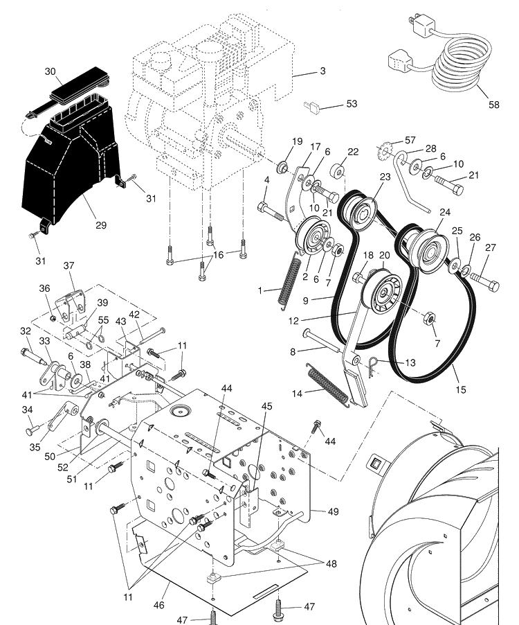 Chassis / Engine / Pulleys Diagram and Parts List for 10527SBE (96193001605)(2008-01) Husqvarna Snow Blower