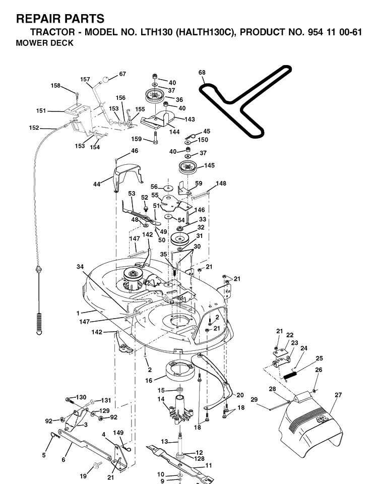 Mower Deck / Cutting Deck Diagram and Parts List for LTH130 (HALTH130C)(954110061)(2003-01) Husqvarna Lawn Tractor