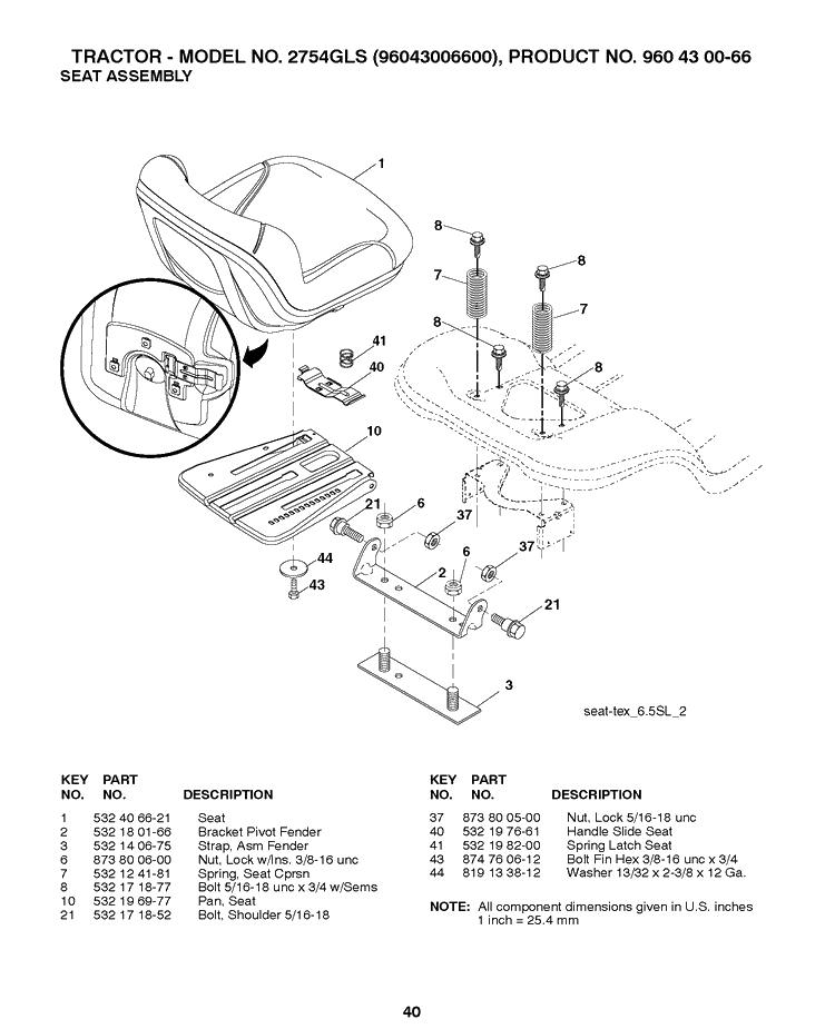 Seat Diagram and Parts List for 2754GLS (96043006600)(2008-12) Husqvarna Lawn Tractor
