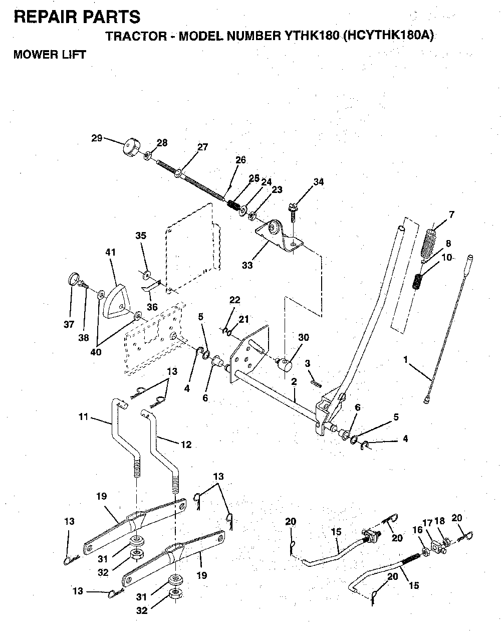 Mower Lift / Deck Lift Diagram and Parts List for YTHK180 (HCYTHK180A)(1996-01) Husqvarna Lawn Tractor