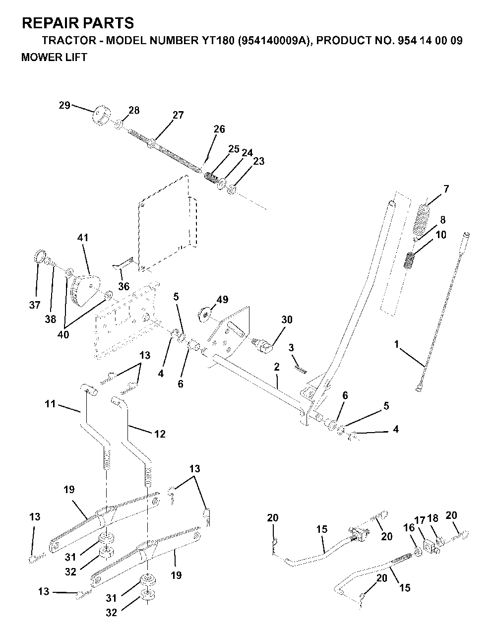 Mower Lift / Deck Lift Diagram and Parts List for YT180 (954140009A)(1997-01) Husqvarna Lawn Tractor