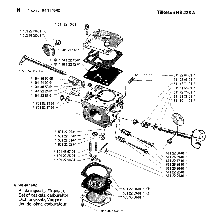 Carburetor Details Diagram and Parts List for 281 19900100001-19911400000 Husqvarna Chainsaw
