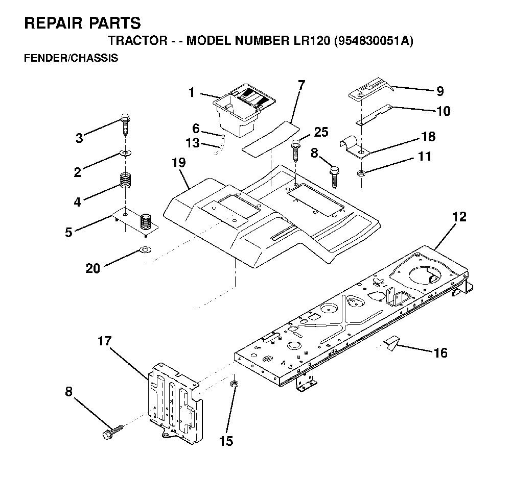 Chassis / Frame Diagram and Parts List for LR120 (954830051A)(1995-08) Husqvarna Lawn Tractor