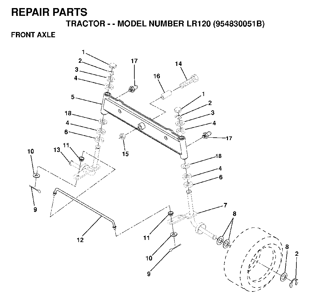 Front Axle Diagram and Parts List for LR120 (954830051B)(1996-05) Husqvarna Lawn Tractor