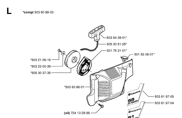 Starter Diagram and Parts List for 55 20001900001-Current Husqvarna Chainsaw