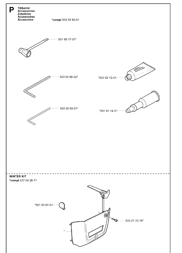 Accessories Diagram and Parts List for 351 20012200001-Current Husqvarna Chainsaw