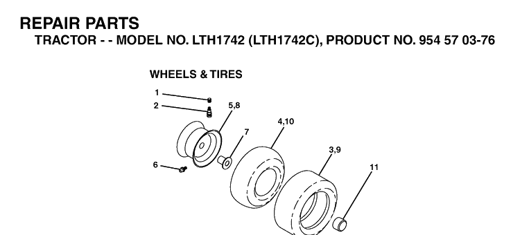 Wheels And Tires Diagram and Parts List for LTH1742-LTH1742C 2003-02 Husqvarna Lawn Tractor