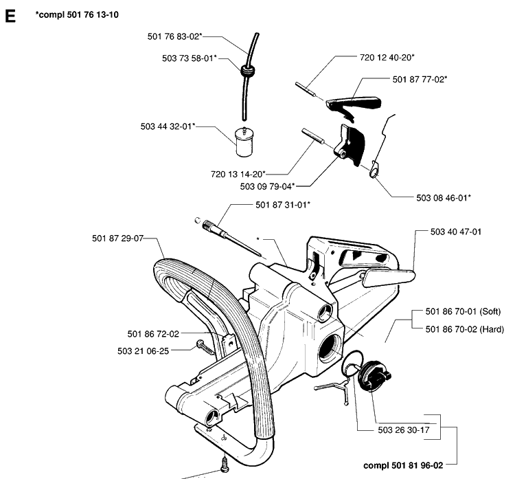 Fuel Tank And Handle Diagram and Parts List for 254 19960100001-19980900000 Husqvarna Chainsaw