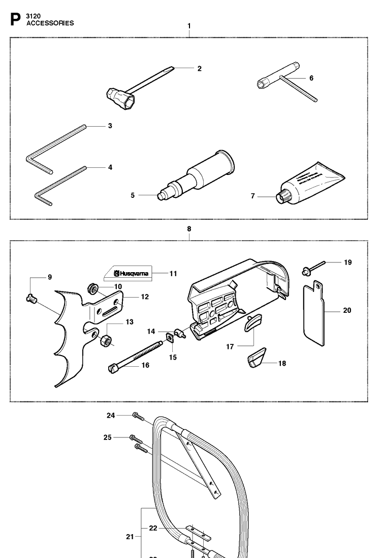 Accessories Diagram and Parts List for 3120XP-3120XPEPA 20103600001-20162700000 Husqvarna Chainsaw