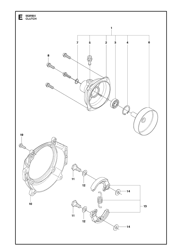 Clutch Diagram and Parts List for 553RBX 20123200001-20180500000 Husqvarna Brush Cutter