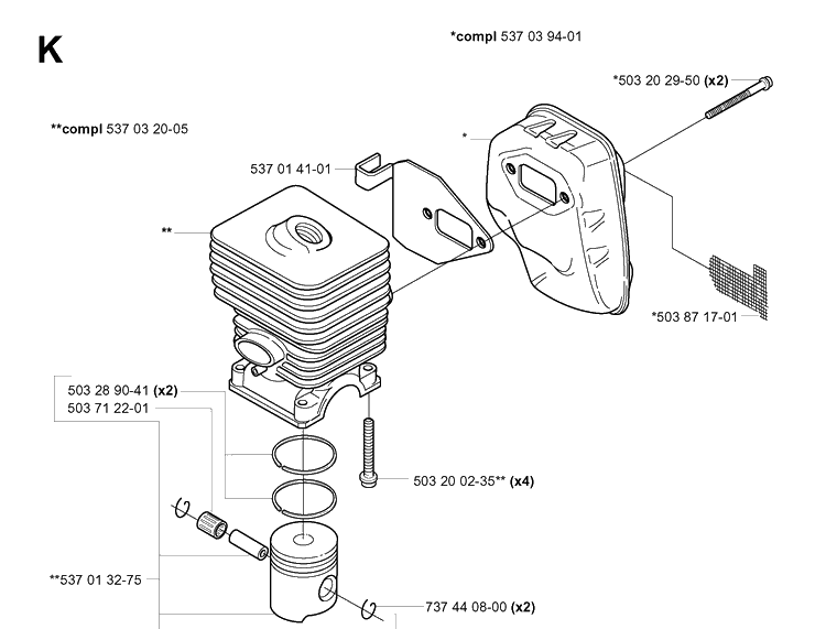 Cylinder Piston Diagram and Parts List for 325P 20010500001-20010500001 Husqvarna Pole Saw