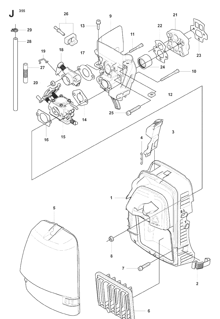 Carburetor And Air Filter Diagram and Parts List for 355FXT 20073100001-20082700000 Husqvarna Brush Cutter