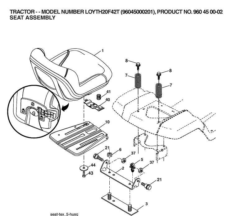 Seat Diagram and Parts List for LOYTH20F42T (96045000201)(2006) Husqvarna Lawn Tractor