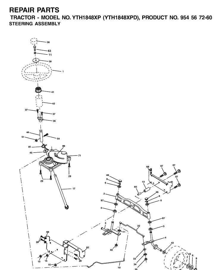 Steering Diagram and Parts List for YTH1848XP (954567260)(2001-12) Husqvarna Lawn Tractor