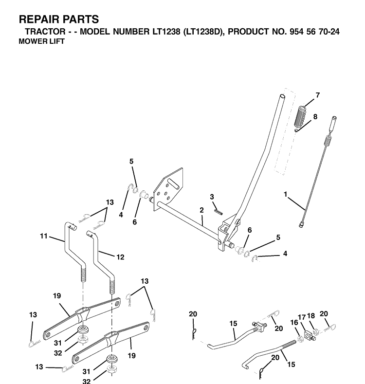Mower Lift / Deck Lift Diagram and Parts List for LT1238-LT1238D 2002-02 Husqvarna Lawn Tractor